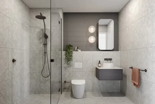 Modern tiled bathroom with smart storage