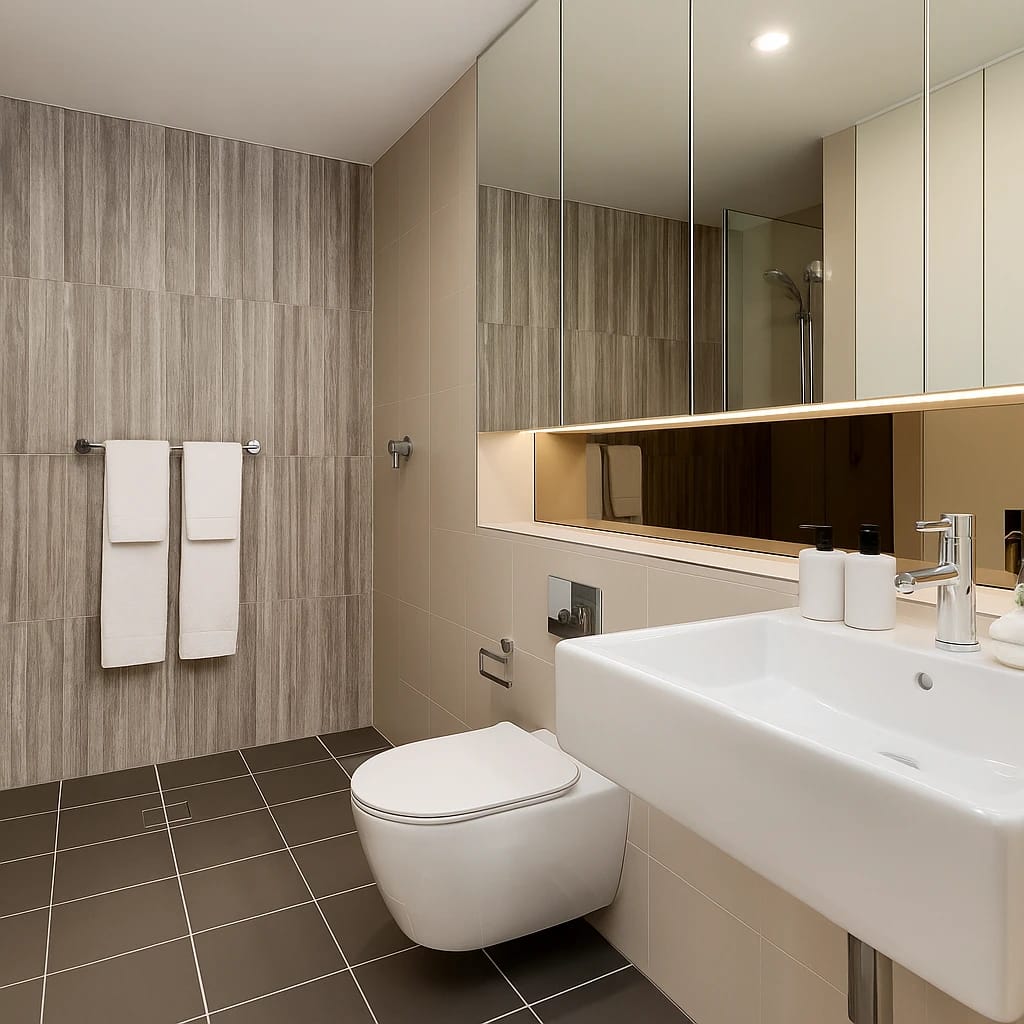 Renovated apartment bathroom with feature wall
