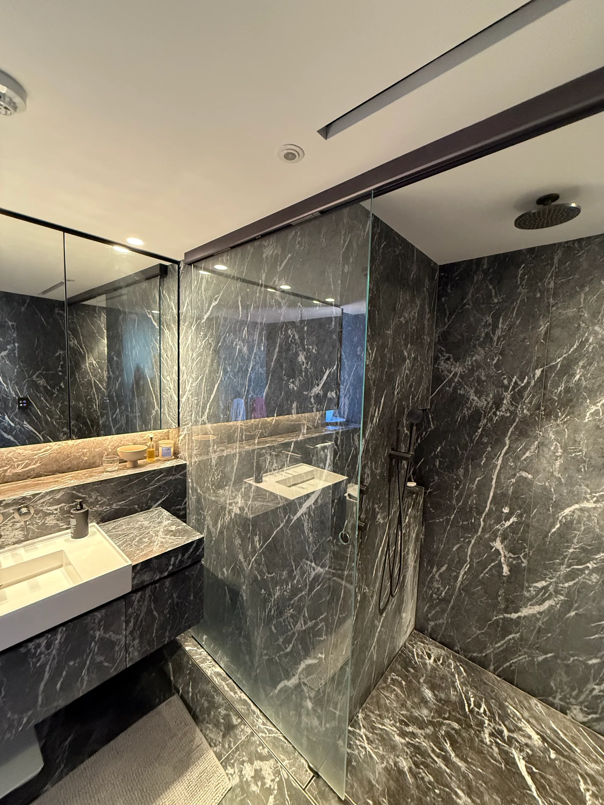 Luxury bathroom renovation with dark marble