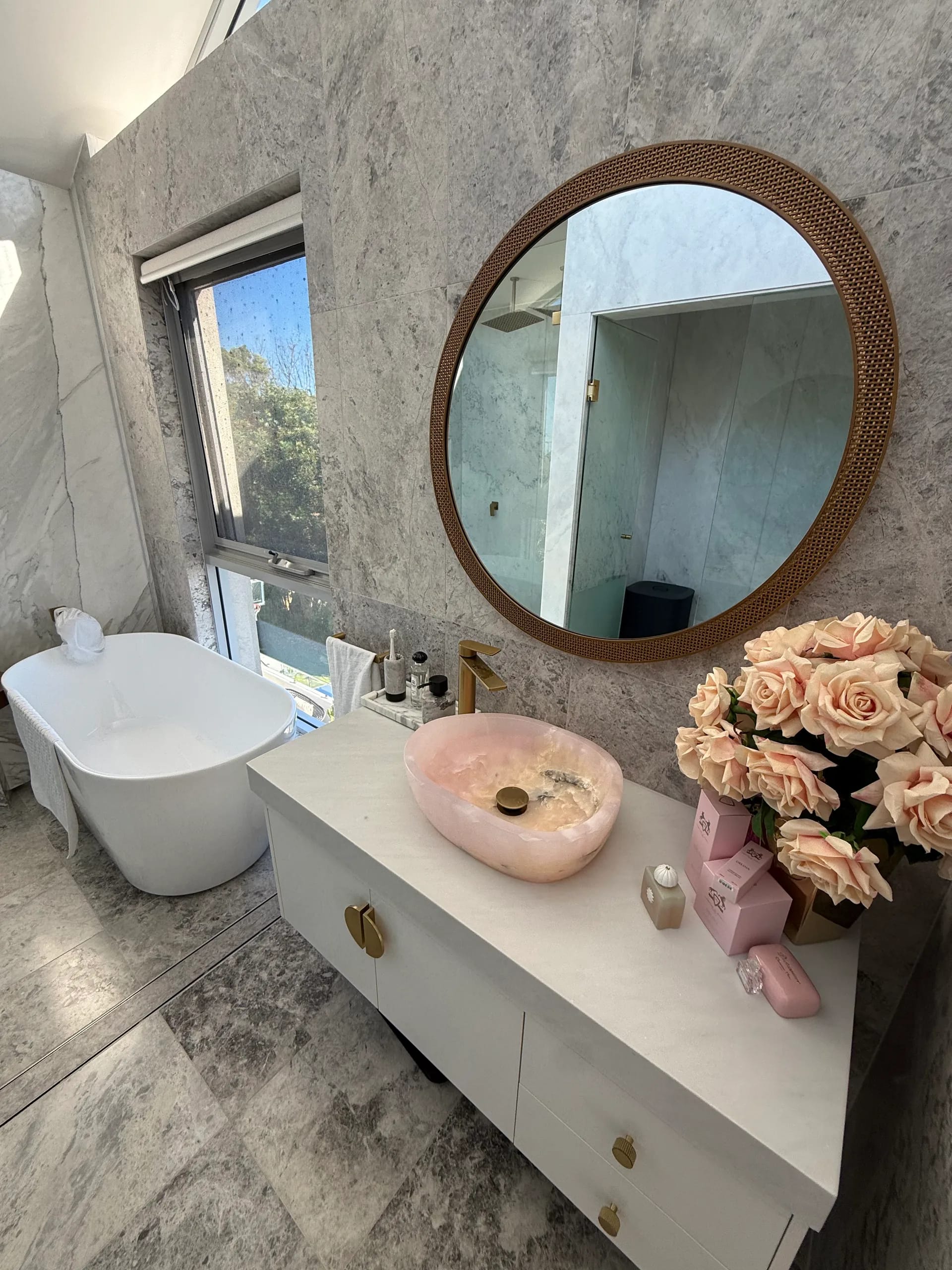 Vanity with pink basin
