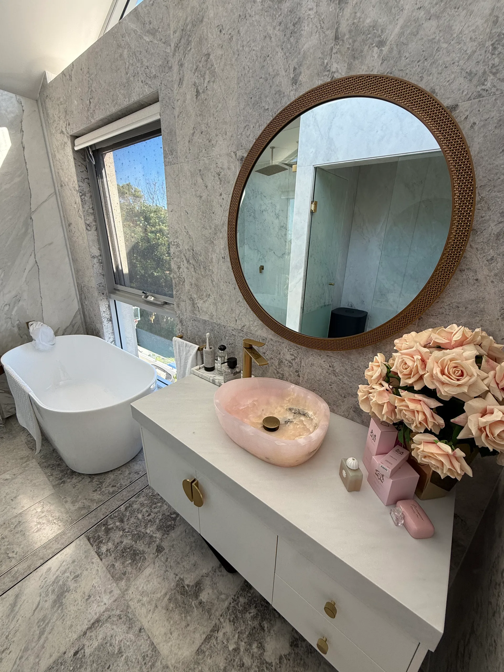 Vanity with pink basin