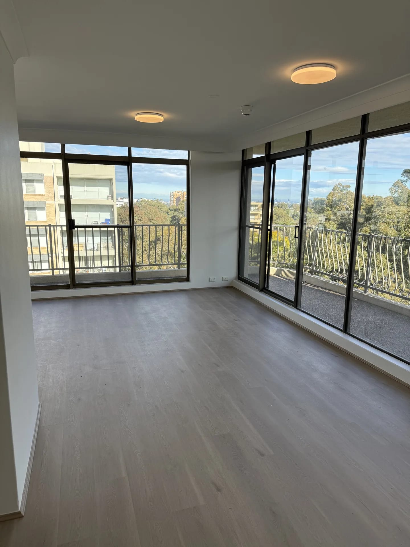 Empty living area with timber-look plank flooring and wrap-around black-framed windows