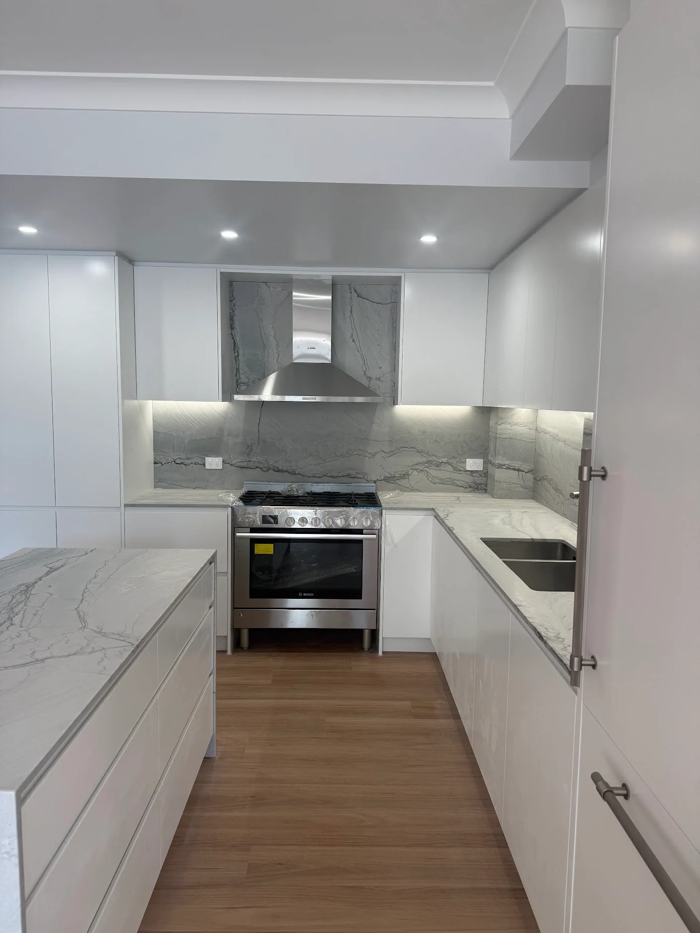 Stainless cooker and rangehood between white cabinets and a grey veined splashback